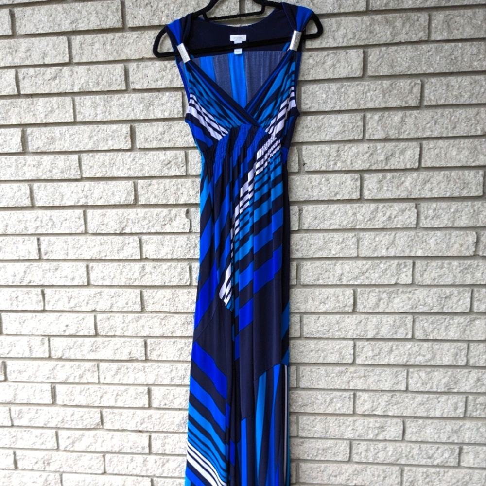 Chicos Abstract Maxi Dress Sleeveless Black & Blue; Chicos Sz 1/Med, Silver Trim